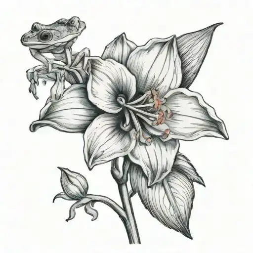 Amaryllis And Tiny Frog On The Petal Representing