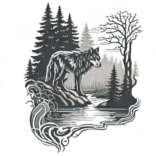 A Serene River Flowing Through A Forest With A Wolf Silhouette In The Background