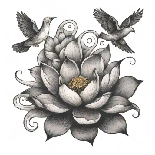 Lotus Flower With Stem Doves Flying Around It