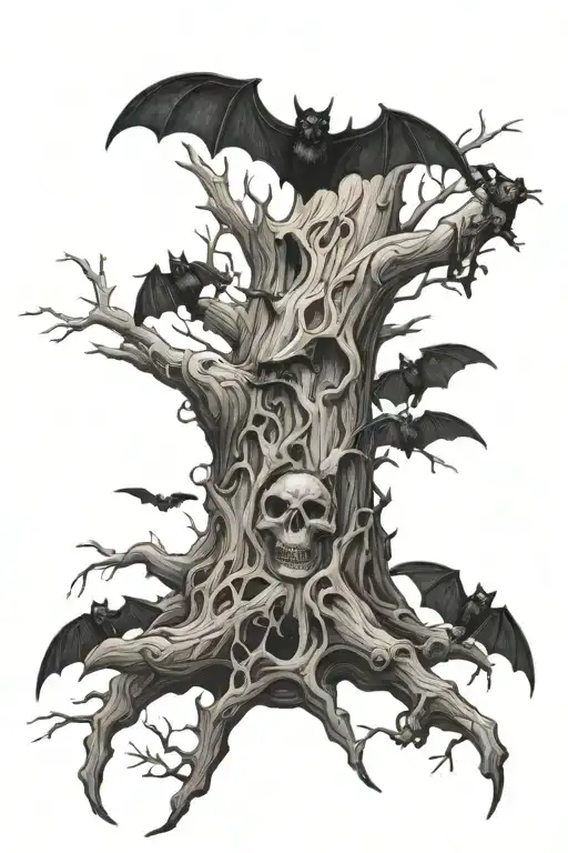 Dead Tree Growing With Bats Swarming