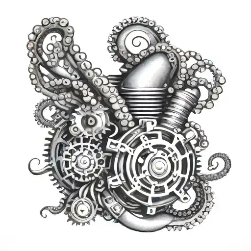 An Intricate Design Of A Motorcycle Engine Intertwined With Octopus Tentacles