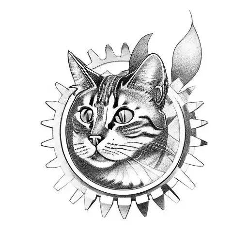 A Stylized Cat Riding A Motorcycle With Gears And Cogs As Background Elements
