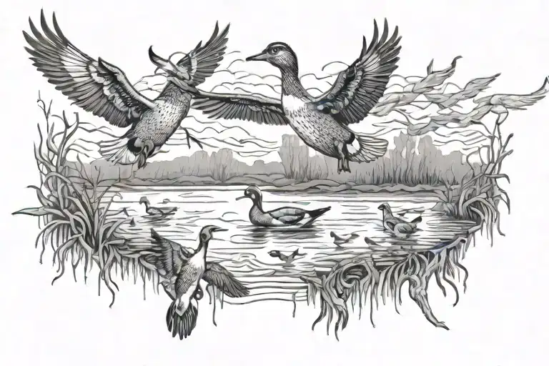 Black And White Picture Of Ducks Flying With Deer Under Them In A Swamp