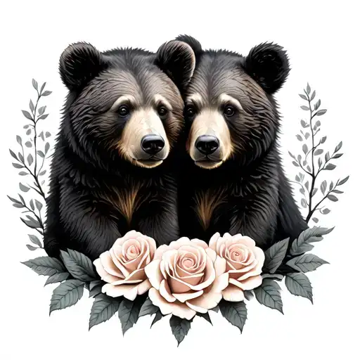 Bear Cubs With Roses And Tree