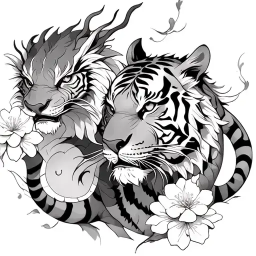 Tiger And A Dragon With Cherry Blossoms