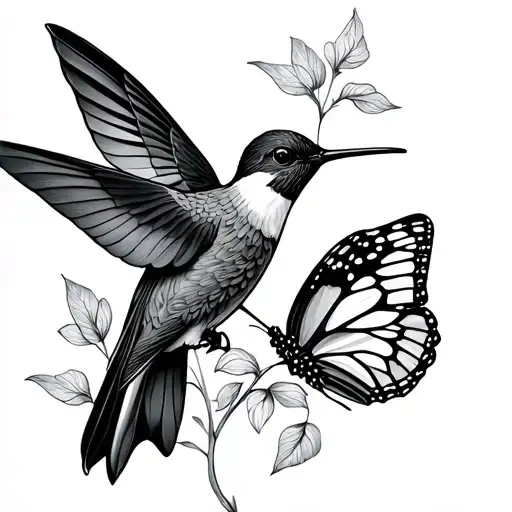 Minimalistic Lineart Tattoo Of A Hummingbird And A Butterfly