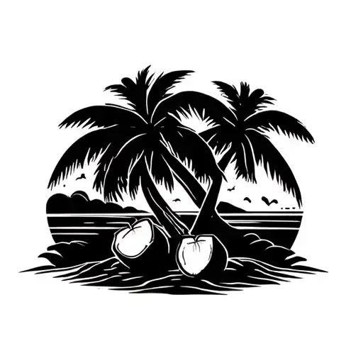 All Black Outline Of Palm Tree With 4 Coconuts In A Desert Island With A Sunset In The Background