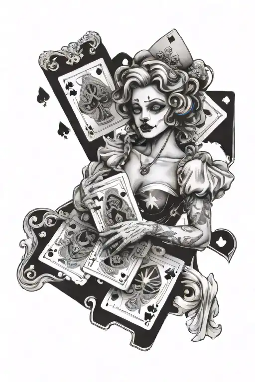 Poker Cards Held By A Woman With Clown Makeup On And A Crying Angel Interacting With The Cards