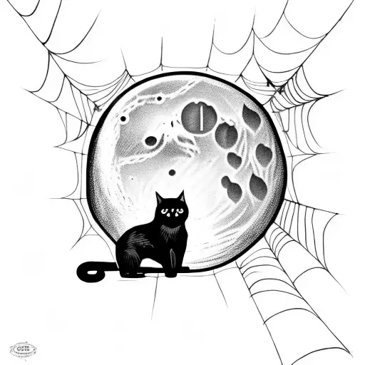 Black Cat With Spider Webs And Moon