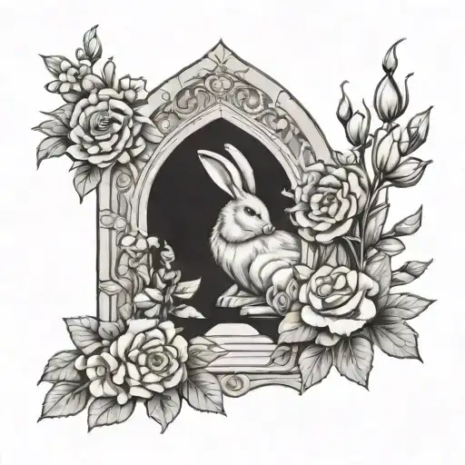Gothic Style Feminine Archway With Flowers And A Small Rabbit