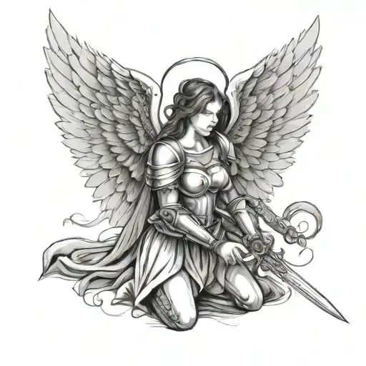 Woman Angel In Armor With Open Wings And A Sword Kneeling