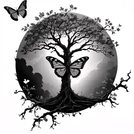 Poison Tree With Butterfly On Branch And One Flying Away