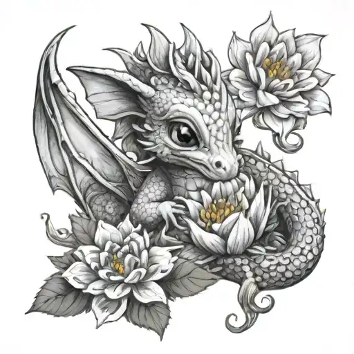 Cute Baby Dragon Holding A Dalia Flower Blooming