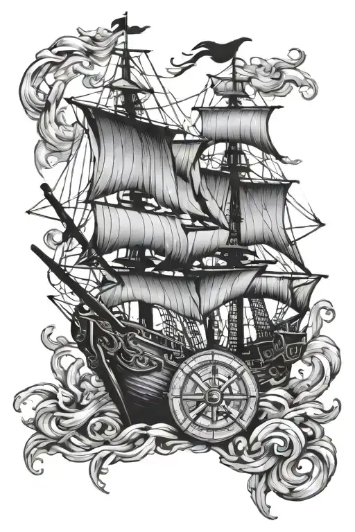 Pirate Ships With Compass Rose Intertwined