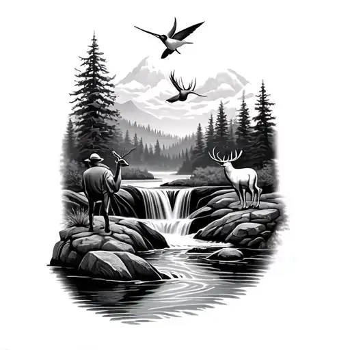 Waterfall Into A Stream With A Fisherman A Deer In The Background And A Hummingbird