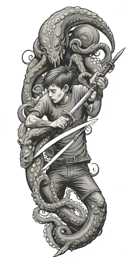 One Boy With Sword Fights Octopus