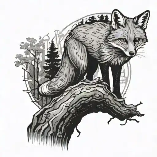 A Black-grey Tattoo Of A Fox Peeking Out From Behind A Tree Trunk In A Dense Forest