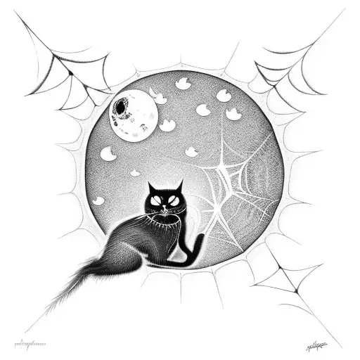 Black Cat With Spider Webs And Moon