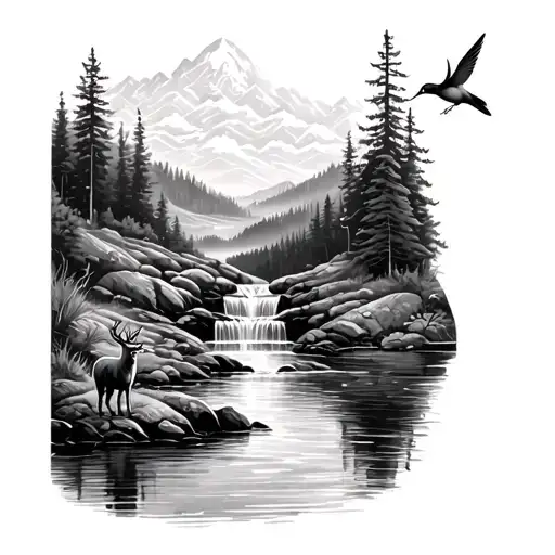 Waterfall Into A Stream With A Fisherman A Deer In The Background And A Hummingbird