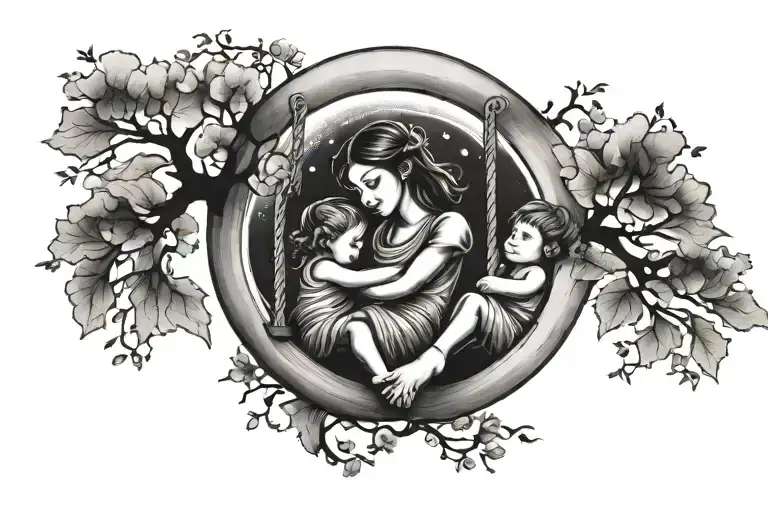 Mom And Two Kids Swing And Moon