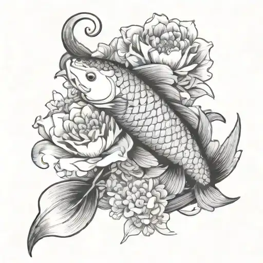 Koi Fish And Flowers Blooming
