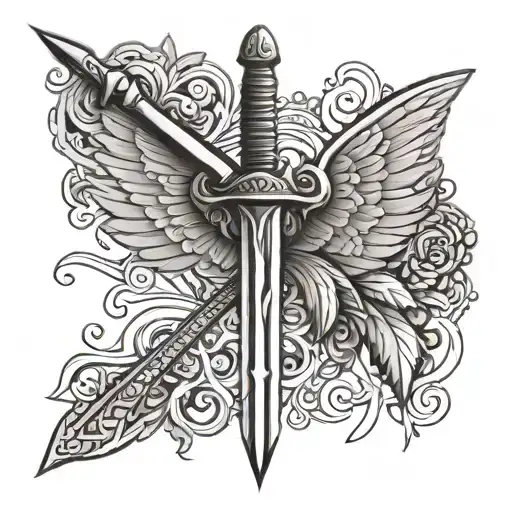 Sword Encased In Wings With A Patterned Background