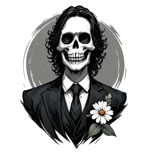 Man With A Skeleton Face And Suit Showing A Small Flower