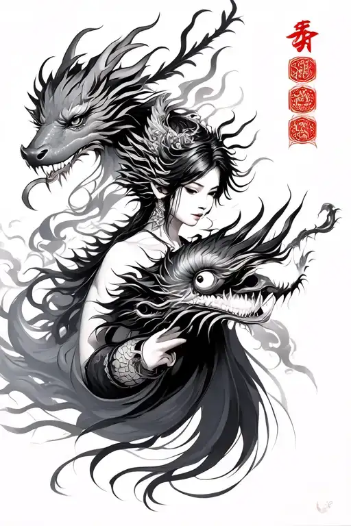 Female Warrior Above Chinese Dragon