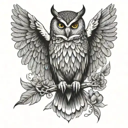 Owl With Open Wings For Tattoo On The Back