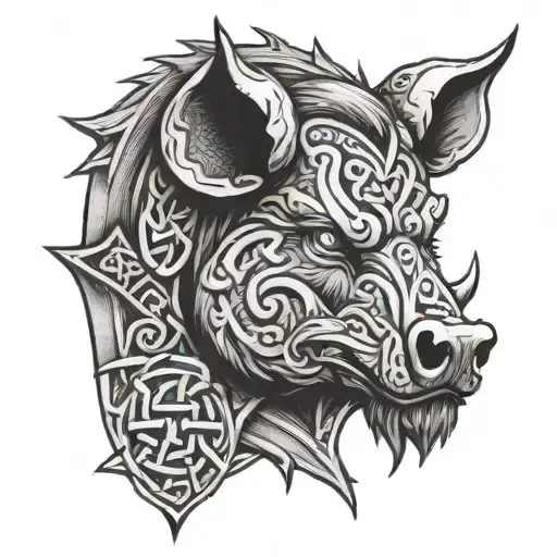 Angry Boar Head With Blue Eyes On Armor Tattoo Design Featuring Celtic Trinity Knot