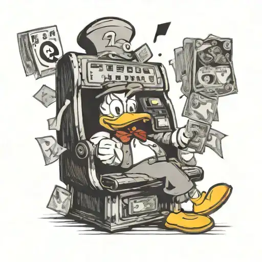 Scrudle Mcduck With A Slot Machine Number 777 And Bags And Banknotes Of Money