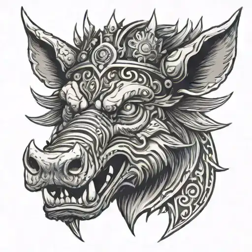 Boar Head On Armor Wearing A Crown With Blue Eyes Mouth Open And Tusks Showing