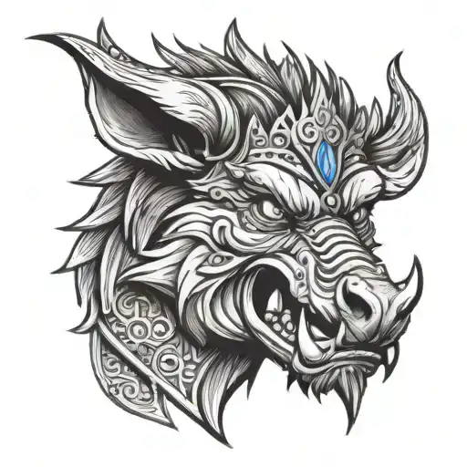 Angry Boar Head On Armor Wearing A Crown With Blue Eyes Mouth Open And Tusks Showing Straight On