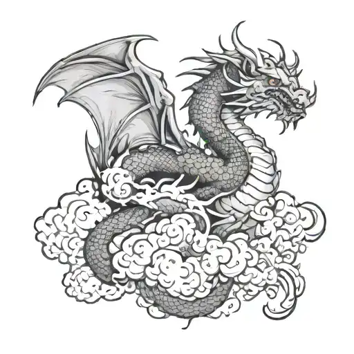 A Black-grey Tattoo Of A Storm Cloud Transforming Into A Majestic Dragon