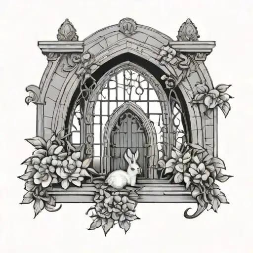 Gothic Style Fine Line Window Archway With Flowers And A Small Rabbit