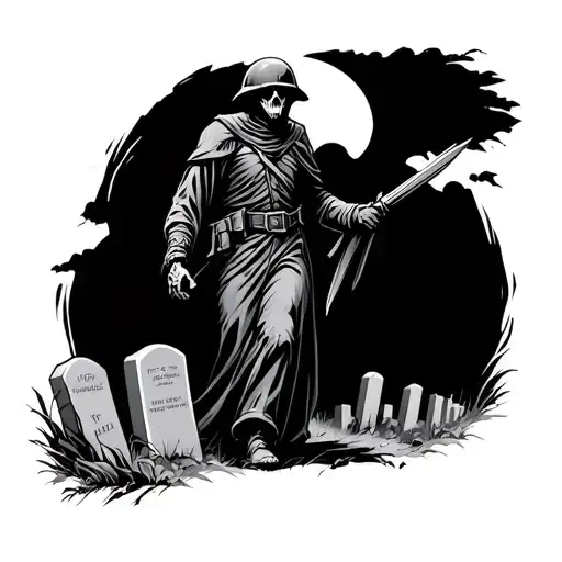 Grim Reaper In An Army Helmet And Uniform Walking In A Graveyard