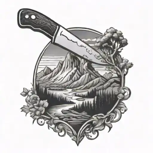 Kitchen Knife With A Wooden Handle With A Scenic Mountain Landscape Inside The Kitchen Knife's Blade
