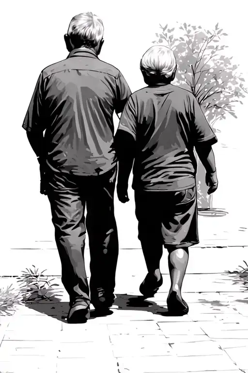 Sihoulette Grandparents At The Patio Walking With Grand Son