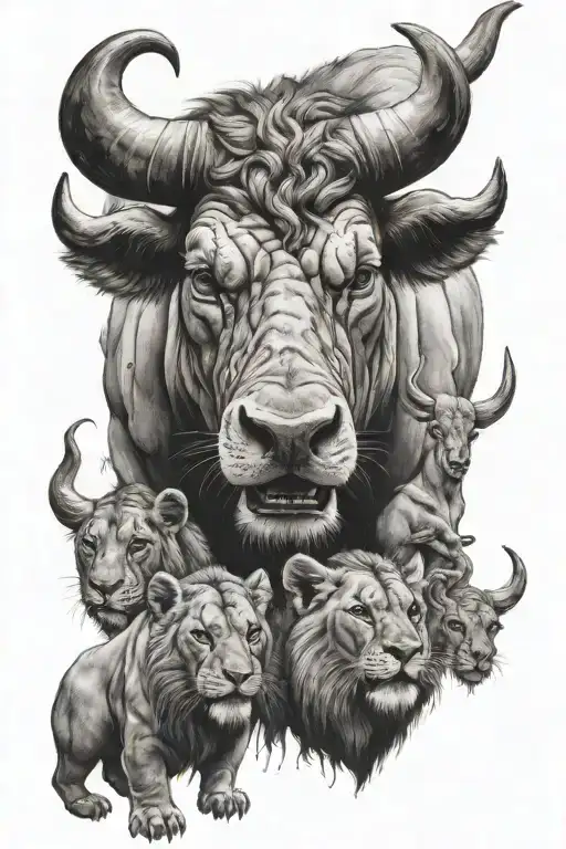 Black And White Photo Realism Of An Angry Bull Watching Over 2 Lion Cubs With A Libra Zodiac Sign