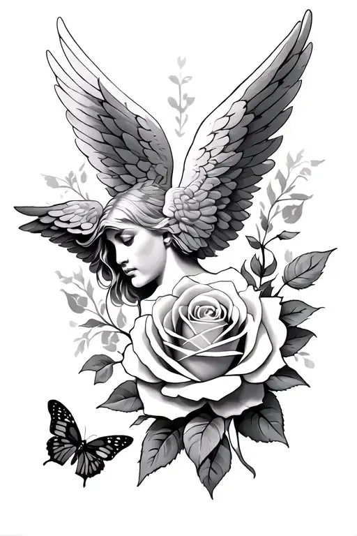 Angel Wings With Rose Tattoo And A Butterfly