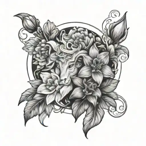 Marigold And Daffodil Flowers With Rainbow And An Aries Zodiac Sign