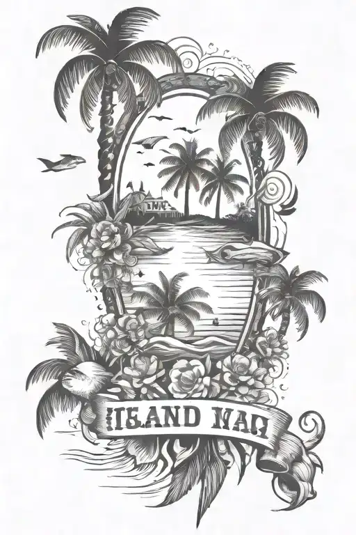 Island With Palm Trees With Banner Between Them That Spells Mom On It Sun Flowers Fish