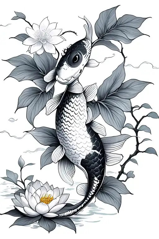 Koi Fishes With Lotus Flower And A Cherry Blossom Tree