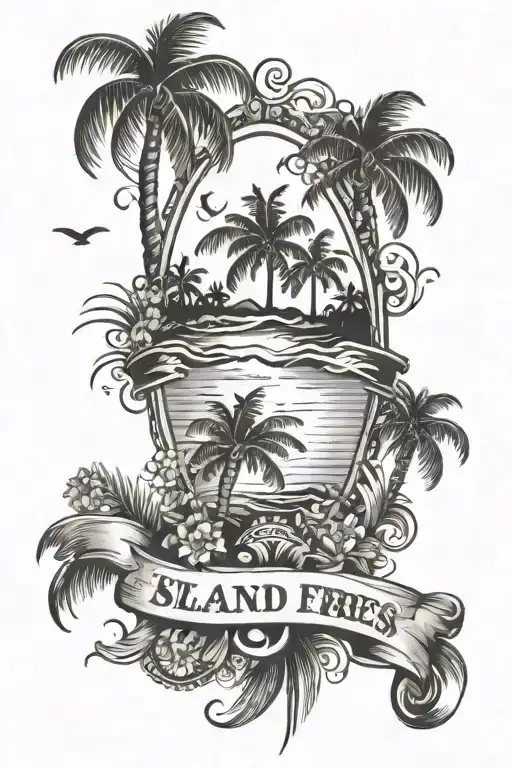 Island With Palm Trees With Banner Between Them With Mom On It Sun Flowers Fish