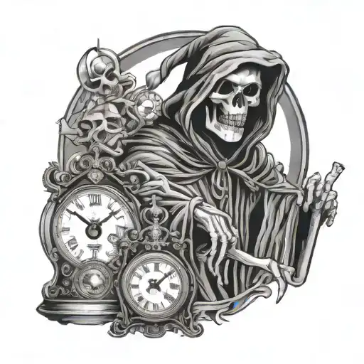 Grim Reaper Wearing Crown Surrounded By Clocks