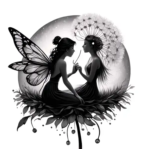 Fairies Dancing Dandelion Flower And Sitting