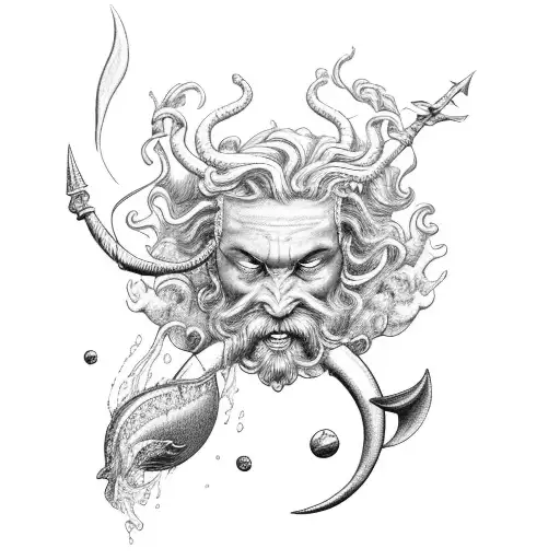 A Black-grey Tattoo Of Neptune With A Trident And A Mermaid