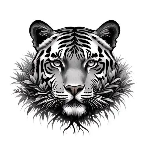 Blend Together The Tree Of Life With Roots And The Jungle Into A Tigers Eyes Peeking Through A Bush