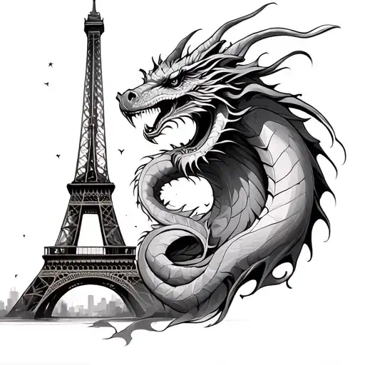 Eiffel Tower And Dragon Wrapped Together With Line Work Mostly