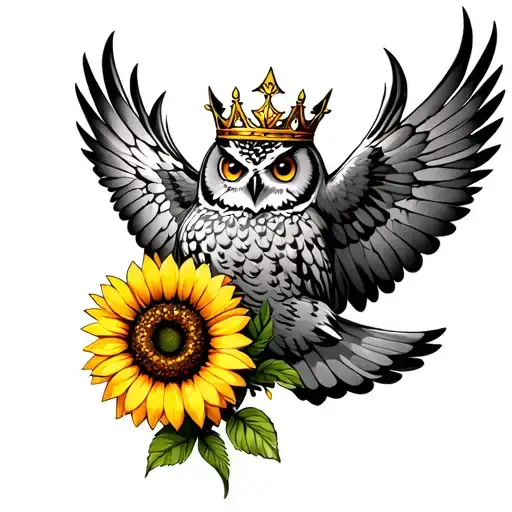 Flying Owl Wearing A Crown Holding A Sunflower Blooming In Its Talons